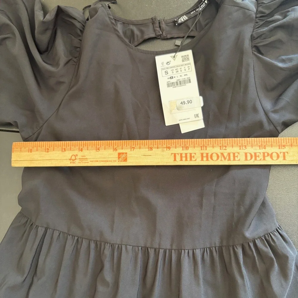 ZARA Puff Sleeve Tiered Mini Dress Size S Black Cut Out Tie Back